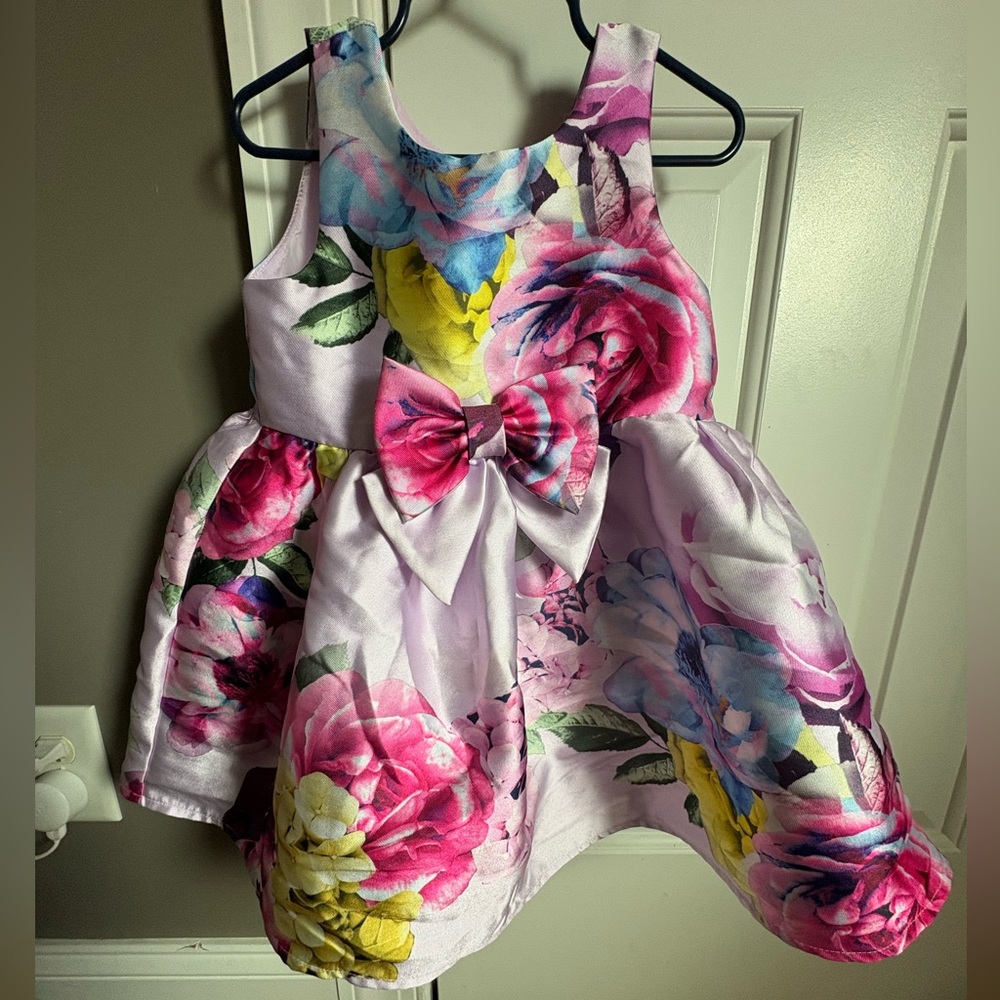 Zunie Multicolor Floral Bow Accent Dress - Pink, Blue, Yellow